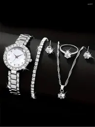 Wristwatches 6pcs Fashion Versatile Sun Diamond Round Women's Steel Band Quartz Watch Hand Necklace Ring Earring Combination Set