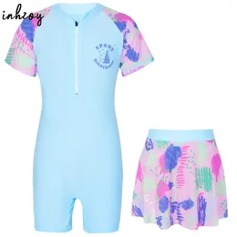 Kvinnors badkläder Kids Girls Beachwear Kort ärm Rash Guard 2 Piece Cartoon Graffiti Print Swimming Jumpsuit med kjolbaddräkter