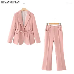 Pontas de duas peças femininas keyketian women rosa negócios vestem terno de primavera de renda de mola de decoração casaco de capa de topo de cintura alta peças