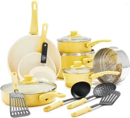 Cookware de utensílios de cozinha GreenLife Grip de cerâmica saudável Cerâmica antiaderente de 16 peças de cozinha e molho de fritura Saite Praness Conjunto