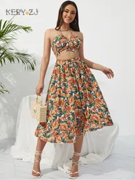 Keby ZJ Summer Boho Bikini Set Dress Chic Women Elastic Waist Two Pieces with Memale Holiday Floral Print Midiセット240423