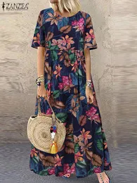 2023 Zanzea Manga curta Vestidos longos Bohemian Floral Pried Beach Dress Summer Femme Robe feminino Mulheres Casual Maxi Sundress 240420