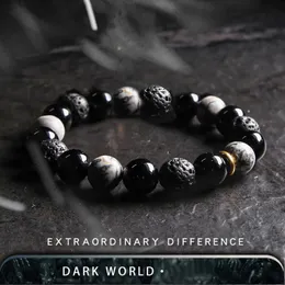 Dark Series Natural Black Onyx Volcanic Rock Map Stone Beads Armband Homme Copper Accessories Lava Jewelry for Women Pulsera 240423