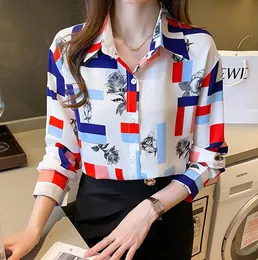 Camisetas de botão impressas elegantes vintage para mulheres de manga longa lapela simples designer de moda Bloups Silk Setin Shirt Office Ladies New Tops