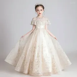 Girl Dresses Children 2024 Girl's Fluffy Gauffy Gauze Flower Wedding Ospitante per le performance per pianoforte.