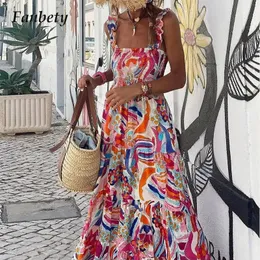 Moda de verão Boho Print Women Women Sling Dress Casual Cool Lieve mangas praia vestido longo vestidos de impressão feminina 240418