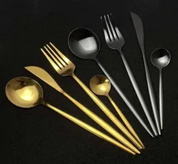 24st Ny Green Gold Cutery Set Mirror Dinnenrware Set rostfritt stål Flatware Middag Knivgaffel Sked Tesked för Home9015155