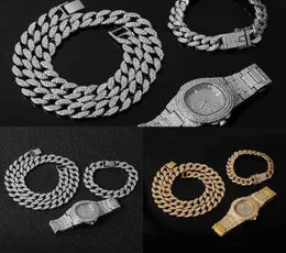 Men039S smycken set 3 -stycksuppsättning halsband klocka och armband hiphop miami kant kubansk kedja guld alla is diamant cz flas7350035
