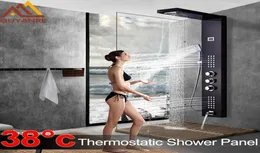 Svart termostatisk digital duschpanel kranar kolonn regn vattenfall duschmassage spa jetflyg tre handtag mixer kranen dusch4944072