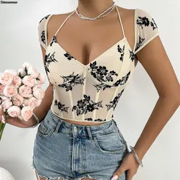 Kvinnors tankar Kvinnor Floral Brodery Corset Top Short Sleeve Halter Boned Bustier Crop Summer Going Out Y2K Night Clubwear Party Tops