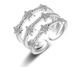 Verkliga Sterling Silver Rings Romantiska flerskikt som blinkar CZ Crystal Stars Zircon Stone Jewelry for Women Nice Gift8131895