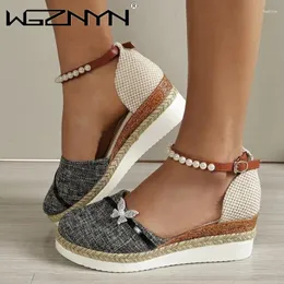 Sandals Summer Women Butterfly Pearl Linen Plain Wedge Bohemian Handmade Ladies Casual Comfortable Espadrilles Platform Shoes