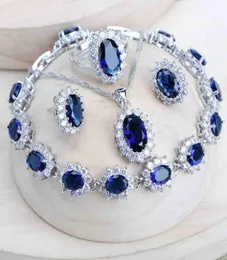 Silver 925 Women Bridal Jewelry Sets Blue Zircronia Costume Fine Gioielli Fine Ossermi per matrimoni Orecchini Anelli Braccialetti Pendant Set3398605