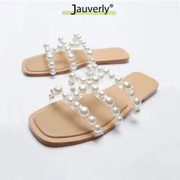 Slippers 2024 Summer Cool Outside Designer Shoes Woman Nude PVC Pearl Slipper Women Fairy Flat Beach Sandals Female