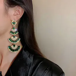 Dangle Chandelier Vintage Green Crystal Drop Earrings for Women Oversize Long Sector Geometric Dangle Earrings Statement Jewelry