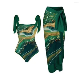 ملابس السباحة للسيدات Retro Green Lradient Print Bikinis 2024 One Piece Swimsuit Chic Lacing Up Bathing Suit Swiming Biquini Summer.