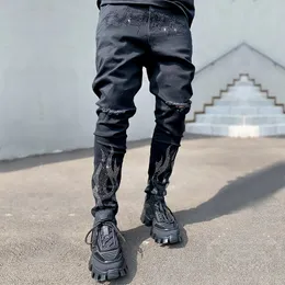 Czarne dżinsowe spodnie Man Denim Street Punk Slim Fit Biker Spodery Męskie Ręką dżinsy chude dżinsy 240420
