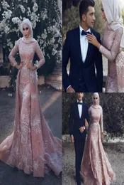 Vintage Blush Pink Muslim Prom Formella klänningar med långärmad blygsam lyxig kristallpärlad hög hals overkirt aftonklänning1683300