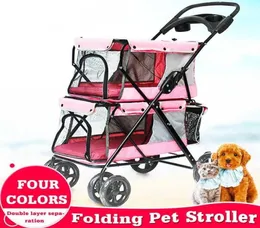 Lekkie przenośne 4 -koła składające się podwójny wózek dla zwierząt dla 2 psów z dużymi przestrzennymi wózkami podwójnymi kotami Travel2989343