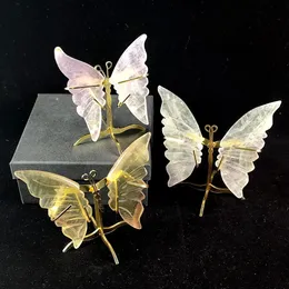 1ペアフルオール酸塩蝶の翼手彫りの天然クリスタル標本装飾用の母ギフト癒しFengshui Home Decor DIY 240430