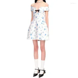 캐주얼 드레스 우아한 파티 2024 한국 패션 프린트 미니 치마 보우 장식 어깨에서 짧은 y2k 이브닝 드레스
