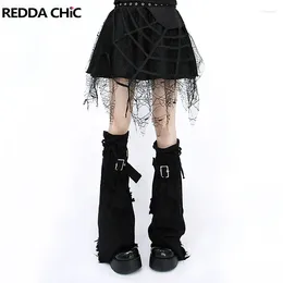 Frauen Socken Reddachic Acubi Fashion Cross Stitch schwarzer Verband Denim Ripped ausgefranste Stiefel Deckung Knie lange Y2K -Kleidung