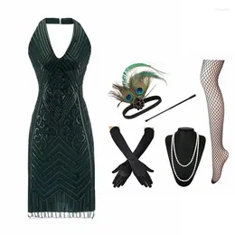 Casual Dresses Vestido De Mujer Women's 1920s 20s Great Gatsby Inspired Sequin Beads Flapper Green Mini Dress /Accessories Set