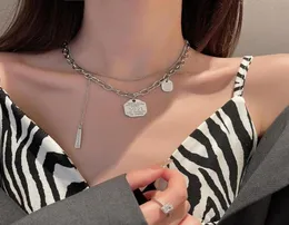 Hip Hop Chains Double Layer Clavicle Chain Silver Color Rectangle Pendant Metal Necklace For Women Girls Jewelry Gifts7804228