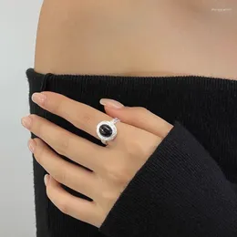 حلقات الكتلة Ventfille 925 Sterling Silve Black Agate Ring for Women Girl Gift Grass Grass Treet Retro Propealry Drop