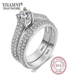 Yhamni com certificado Luxo original 925 Silver Wedding Ring Conjunto tem S925 logotipo Dazzle Zirconia Diamond Band Rings for Women 2p3132386