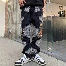 Grunge kläder y2k streetwear baggy rippade staplade jeans byxor män rak gamla hiphop denim byxor pantaloni uomo 240420