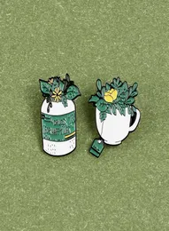 Happy Life Enamel Brooches Green Plants Leafes Tea Bag Custom Lapel Pins Coffee Cup Yellow Flowers Shirt Badge Jewelry Gift2732976