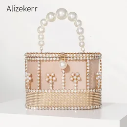 Alizekerr Hollow Out Metal Cage Bags Women Luxury Gorgeous Pearl Flower Rhinestone Velvet Partys and Handbags Party 240430