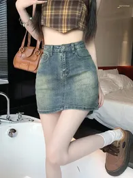 스커트 Houzhou Retro Denim Short Skirt 여성 2024 여름 빈티지 한국 캐주얼 하이 허리 슬림 A- 라인 섹시한 미니 청바지 Gyaru