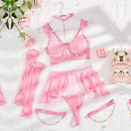 BRAS SETS NECK SEXY CHAIN ​​thong bh steel ring söt ins tjej rosa underkläder uppsättning av fem underkläder för kvinnor och trosor