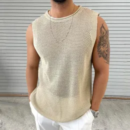 Leisure Solid Color Hollow Out Mens Camisoles Menit Summer Ock Sleeveless Thirt Man Fashion Slim Knitting Tops 240426