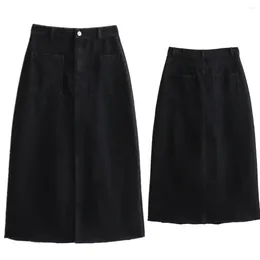 Kjolar maxdutti hög midja minimalistisk denim kjol kvinnor fickor a-line midi kvinnor