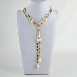 チェーン50 "培養ピンクケシパール混合色の長方形CZ Pave Long Chain Necklace