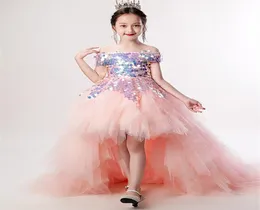 2021 Flower Girl Dress Children Wedding Bridemaid Mermaid Dresses Kids Pink Tutu 스팽글 가운 소녀 부티크 파티 착용 우아한 Fro1341488