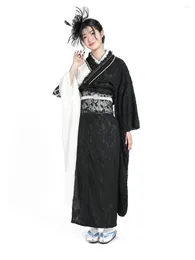 ملابس عرقية من الدانتيل الياباني كيمونو للسيدات الأبيض الأسود اللون المعدل فساتين التخرج الكبرى الرسمية
