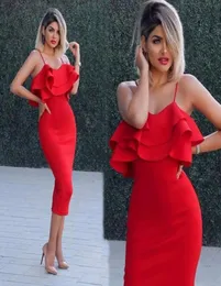 2020 seksowne czerwone krótkie sukienki koktajlowe Długość herbaty sukienka balowa Spaghetti Homecoming Pochy Formalne imprezę