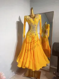 Vestido de salão de desgaste de palco de bainha amarela alta de ponta com diamante CHA Tango Valsa para adultos roupas profissionais adultas