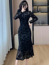 Abiti casual 2024 Black Jacquard Elegante vestito lungo sexy chic sexy per donne coreane vintage epburn abiti da ballo primaverilo