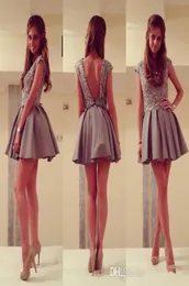 New Style 2014 Homecoming Dresses Grey Capped Sexy Open Back Crew Beaded Appliques Satin Short Dress for College Party Ball Gown H3344448