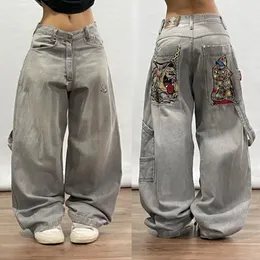 Gata hiphop retro y2k mode casual lös stor ficka jeans harajuku hög midja rak ben breda byxor baggy byxor 240423