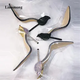 حذاء اللباس Linamong bling pvc patchwok rhinestons strange keel مضخات بلورات شفافة على شكل بيتال على شكل عالي الكعب