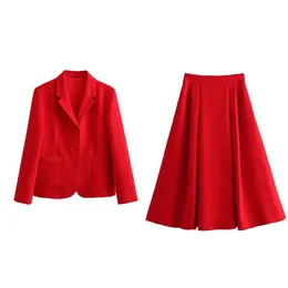 Taop Za Tempament Versatile Red Tight Suit Jacketaline Long Pleated Skirt Half Womens Set 240423