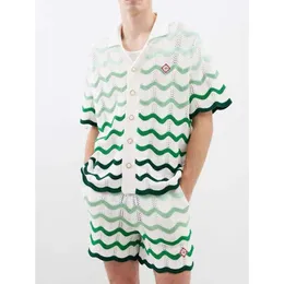 Nya Casablancas 24SS Designer Wool Sticked Shorts Loose Men and Women Par Green Wave Pattern Woven Buttons Stick Cardigan Sweater Top Casual Sport Suit Casa Blanca