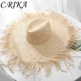 Naturalny kapelusz Raffia Women Summer Ręka tkana słomiana kapelusz gilrs wakacyjny słoneczny kapelusz szeroki brzeg słoneczny kapelusz miękki Panama Travel Beach Hat 240425
