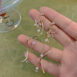 Lustre de lustre coreano Novo moderno cristal estrela borda de pérola brincos para mulheres Personalidade Longa Brincos de jóias de casamento de onda longa
